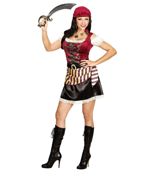 Woman in sexy pirate costume with red bandana, corset dress, striped belt, sword, and black boots.