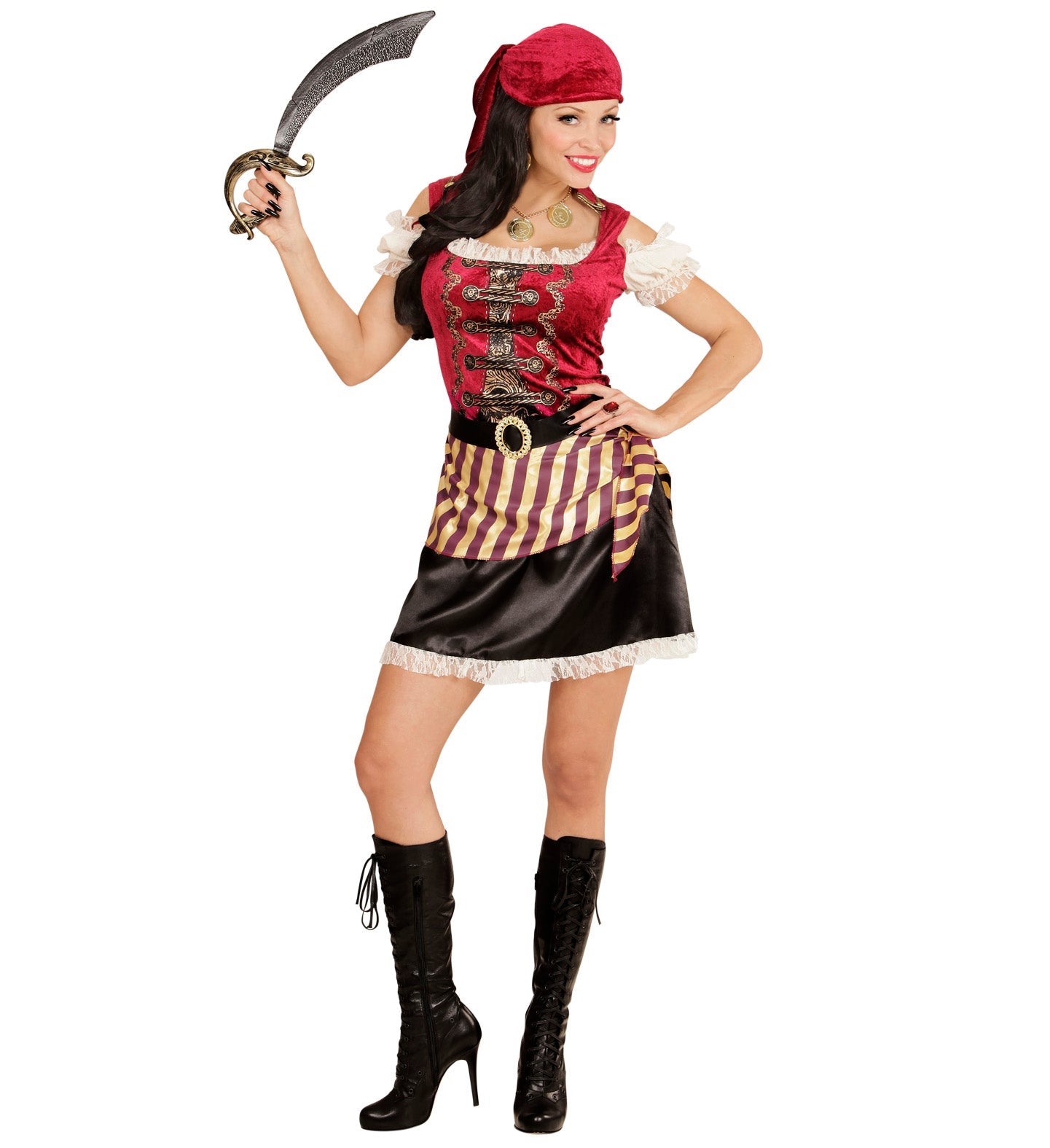 Woman in sexy pirate costume with red bandana, corset dress, striped belt, sword, and boots.