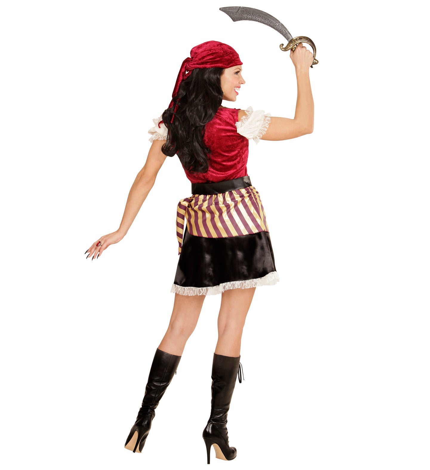 Rear view of woman in red sexy pirate costume holding curved sword, with bandana, belt, and boots.