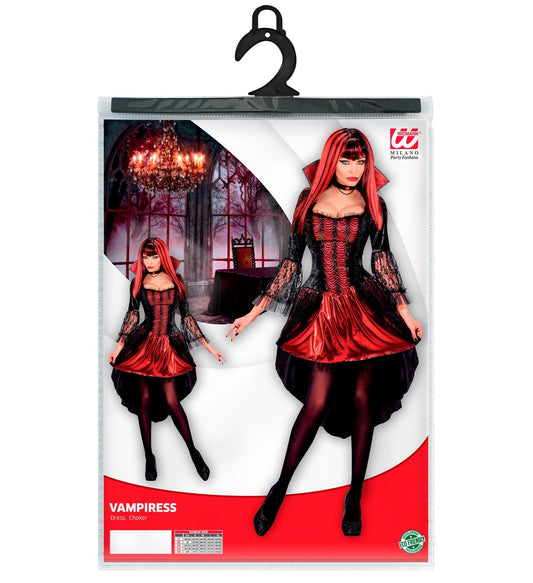 Rotes, figurbetontes Vampirkleid mit Spitzenapplikationen und passender Halskette.
