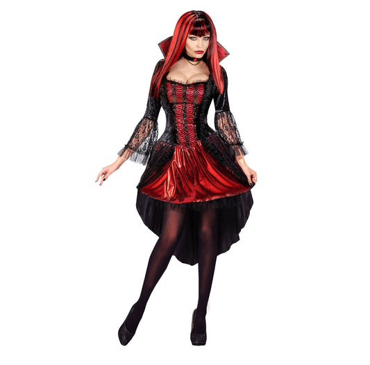 Rotes, figurbetontes Vampir-Kleid mit Spitzenapplikationen und passender Halskette.