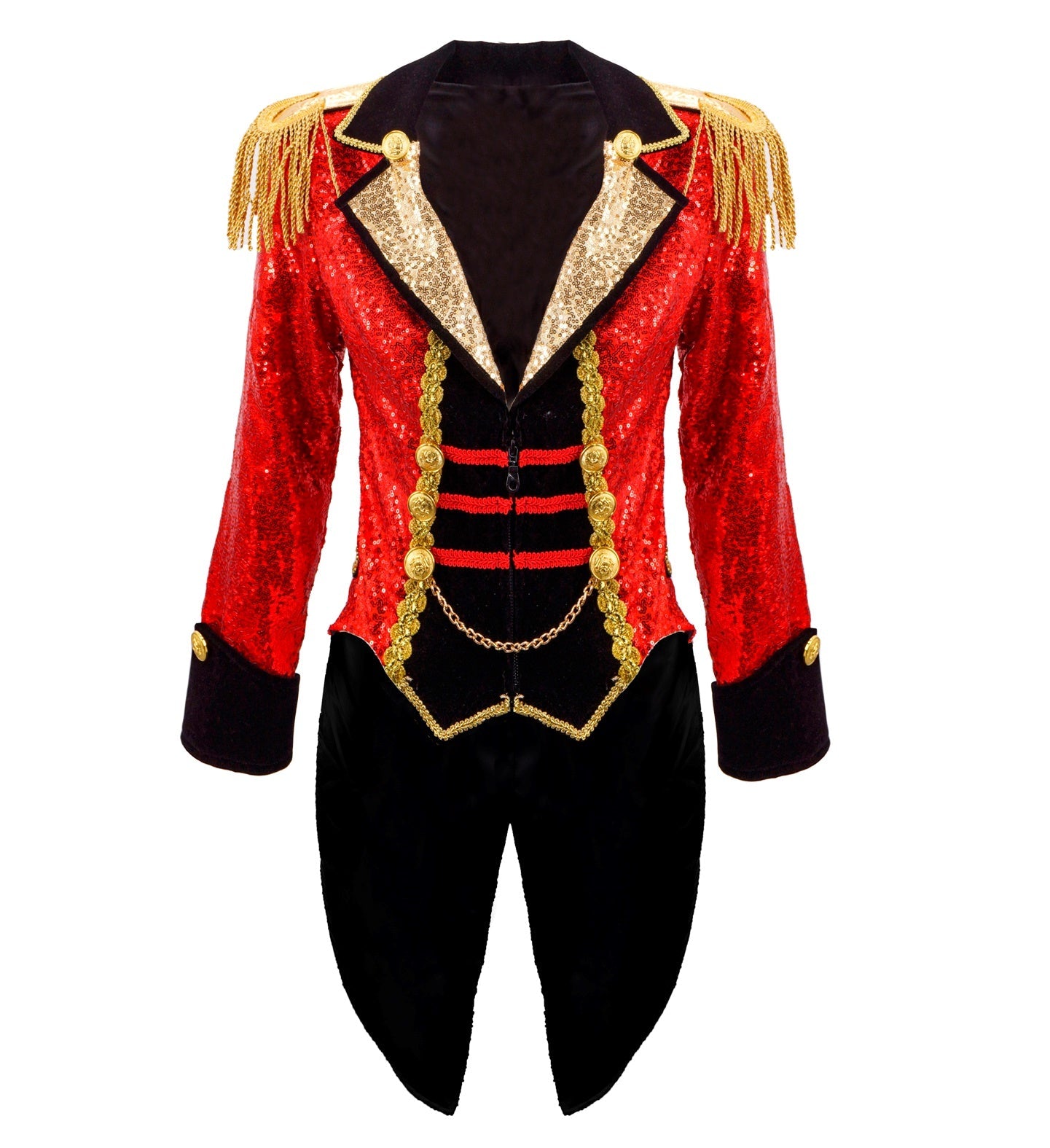 Roter Damen-Frack mit schwarzem Revers und goldenen Verzierungen.