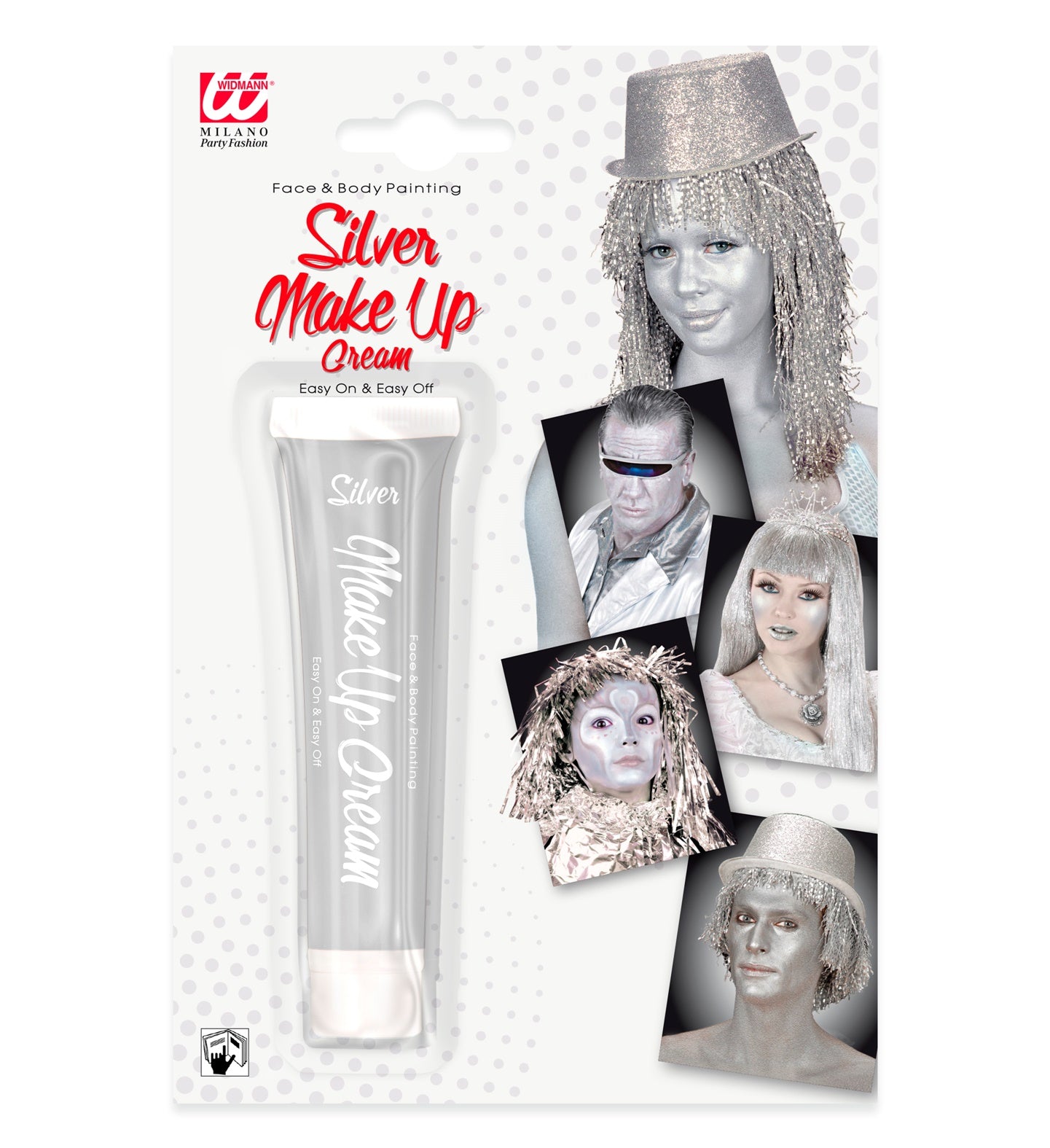 Silberne Creme-Make-up in einem 28ml Tube für Haut und Haare, sofort einsatzbereit.