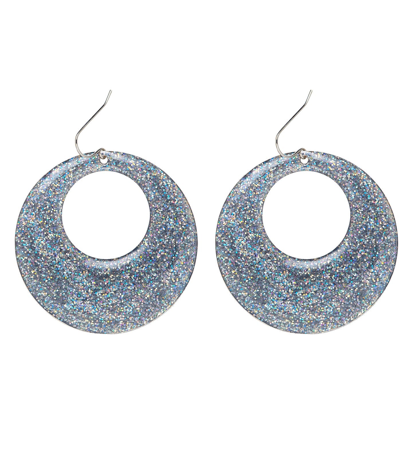 Pair of silver clip-on 70s disco earrings with glittering circular drops.