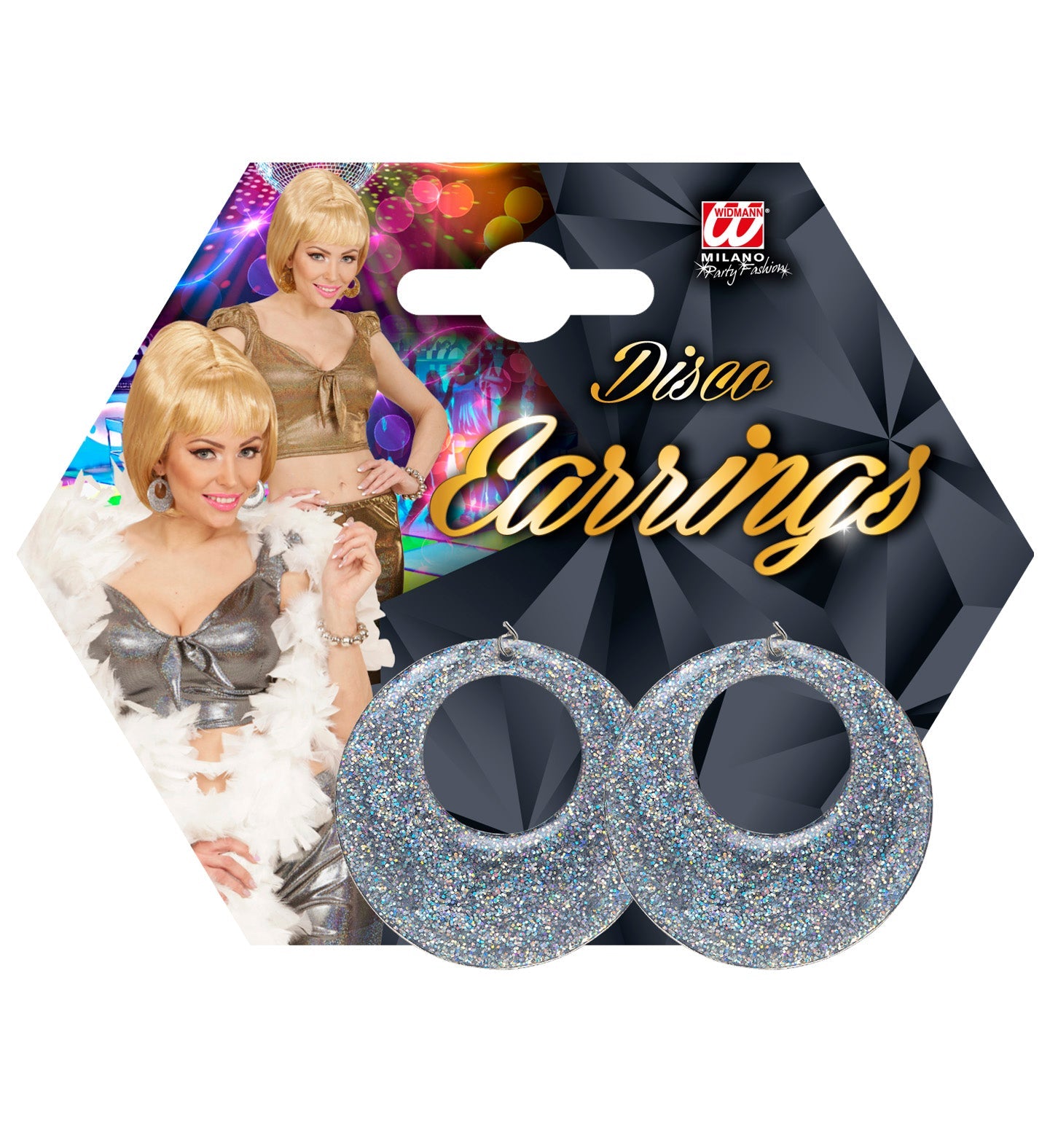 Pair of silver clip-on 70s disco glitter earrings on a hexagonal card.
