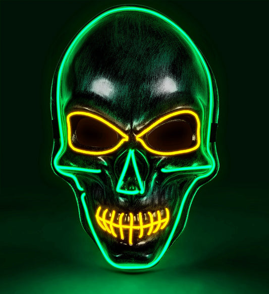 Silberne Totenkopfmaske aus Kunststoff mit LED-Beleuchtung für Halloween und Cosplay.