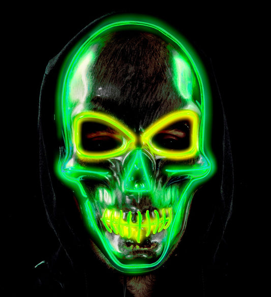 Silberne Totenkopfmaske mit LED-Beleuchtung und elastischem Kopfgurt für Halloween und Cosplay