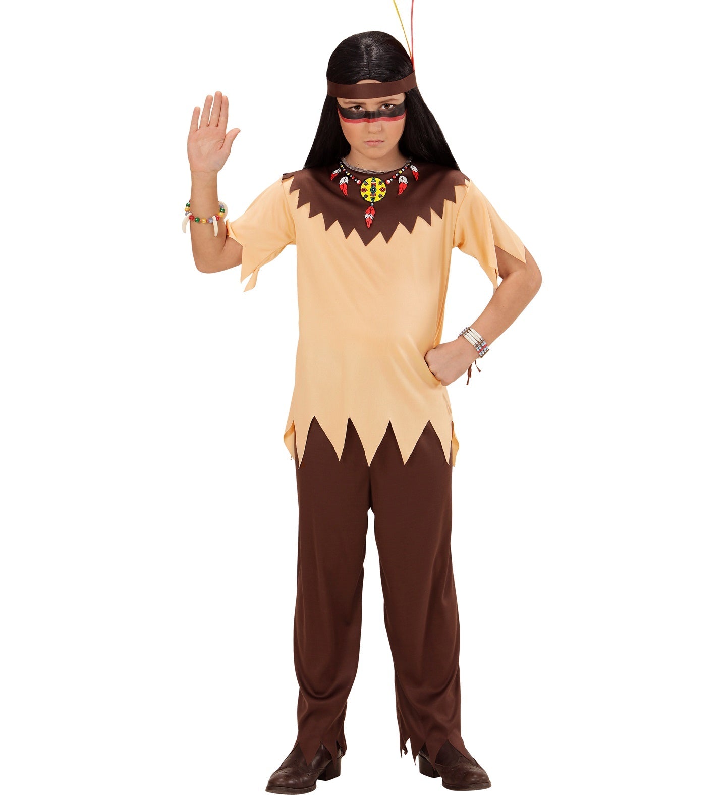 Jungenkostüm mit Oberteil, Hose und Stirnband in Braun mit authentischen Indianermustern.