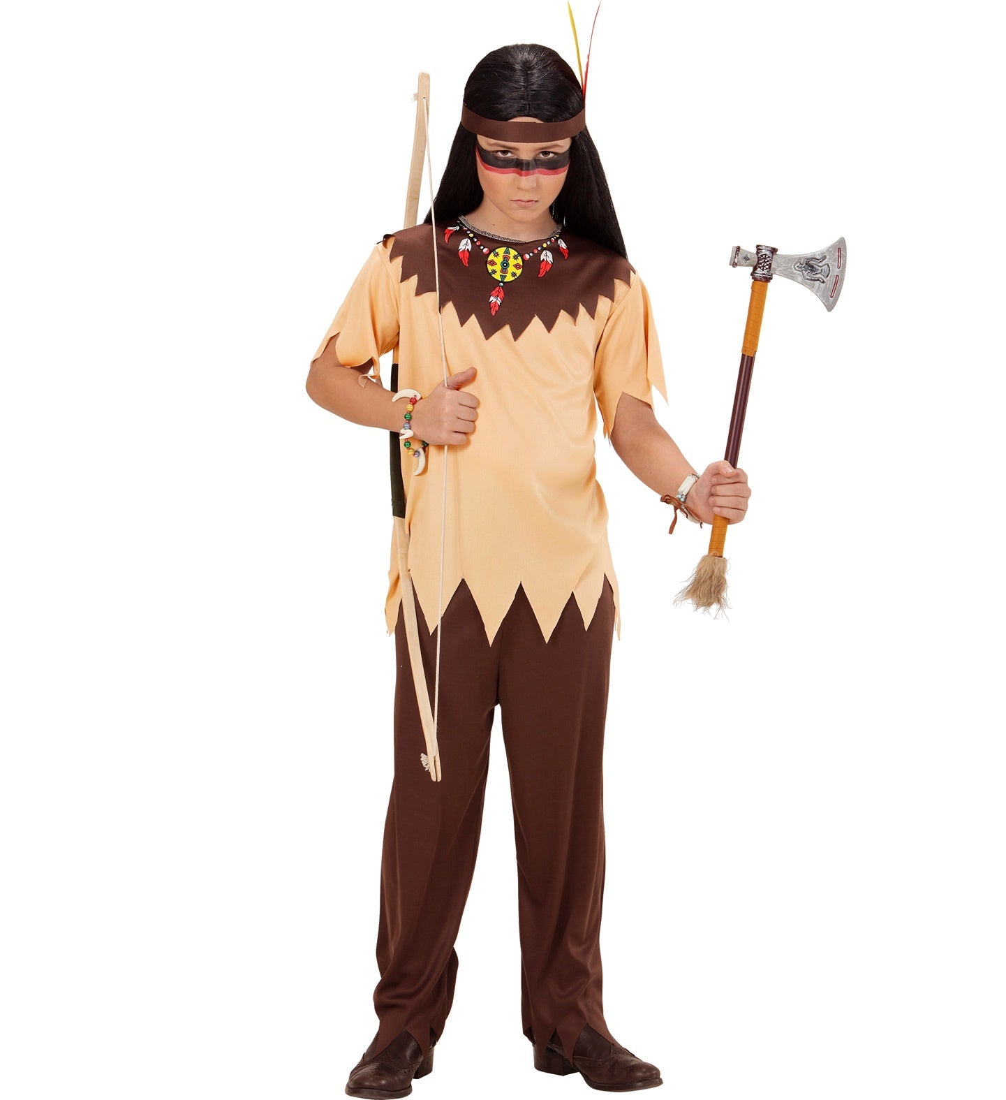 Kostüm für Jungen mit Oberteil, Hose und Stirnband im Siox-Indianer-Stil in Braun und Beige.