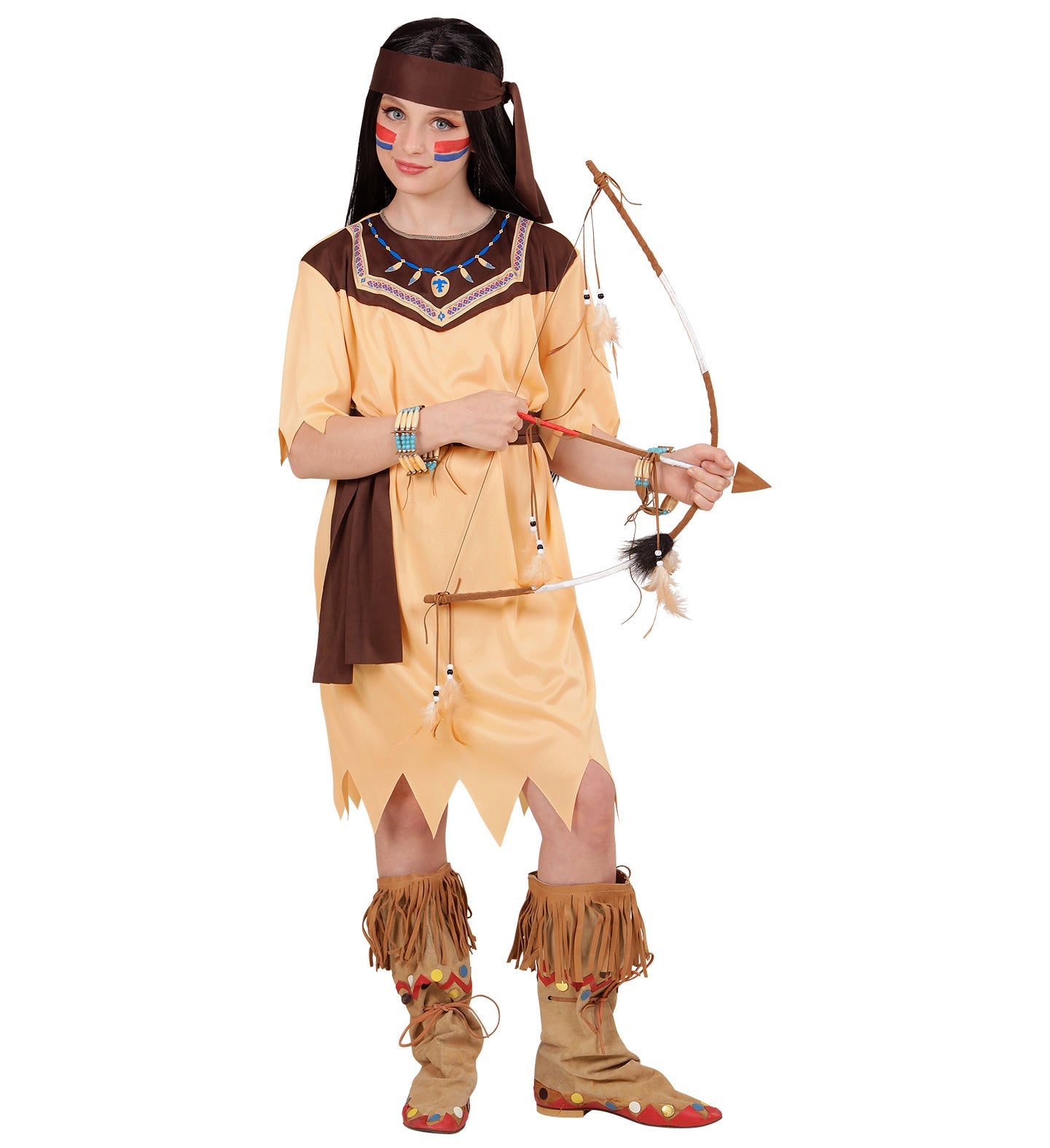 Mädchenkostüm in Braun mit Fransen, Gürtel und Stirnband für Indianerinnen.