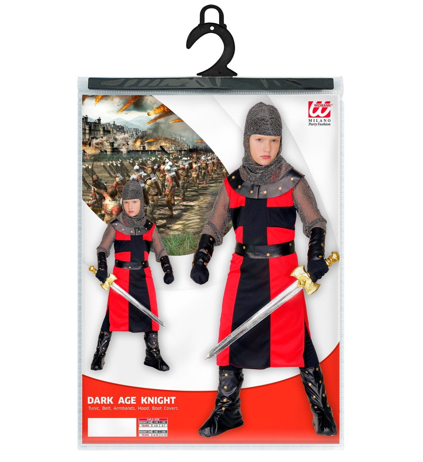 Kinderkostüm Ritter mit silbernem Helm, Tunika, Gürtel und Stiefelüberzügen in Grau und Rot.