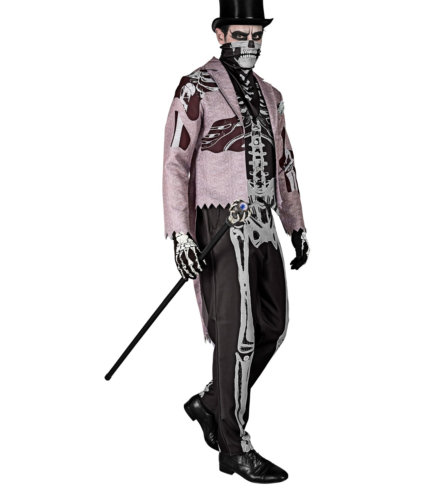 Herren Halloween Skelettkostüm mit schwarzem Frack, Weste, Hose und Totenkopfmaske