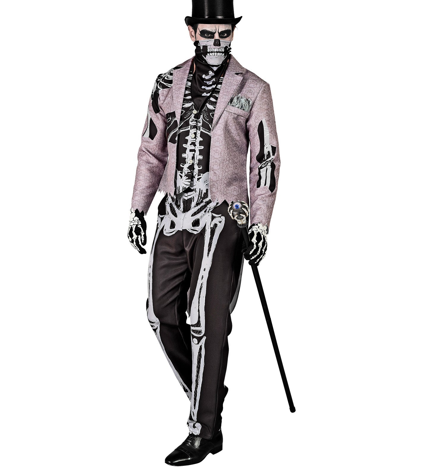 Schwarzes Frack-Set mit Skelett-Muster, inklusive Jacke, Weste, Hose und Maske.