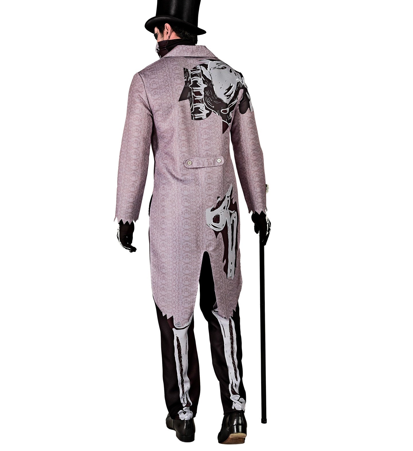 Männliches Halloween-Skelettkostüm mit Frack, Weste, Hose und Schädelmaske in Schwarz und Weiß.