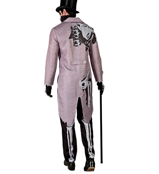 Männliches Halloween-Skelettkostüm mit Frack, Weste, Hose und Schädelmaske in Schwarz und Weiß.