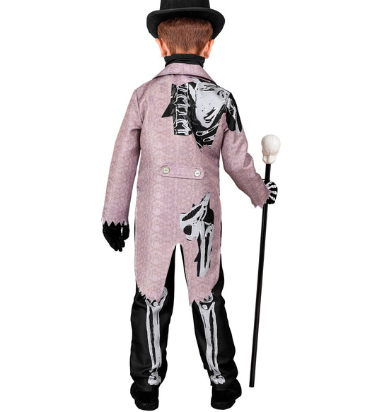 Kinderkostüm mit schwarzem Frack, Weste, Hose und weißer Totenkopfmaske für Halloween.
