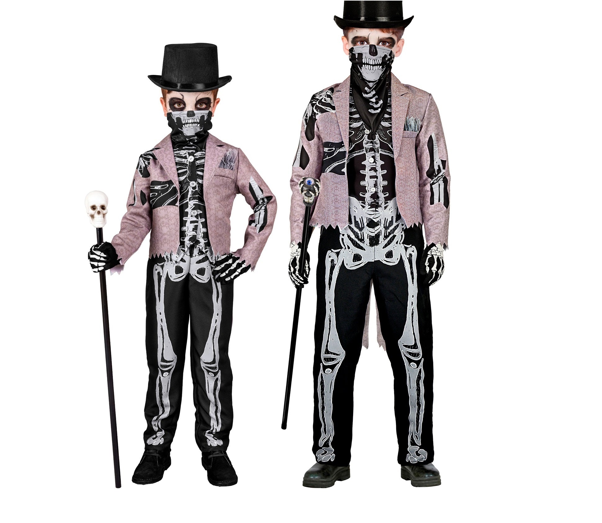 Widmann Skelegroom Kinderkostüm mit Frack, Weste, Hose und Maske in Schwarz und Weiß.