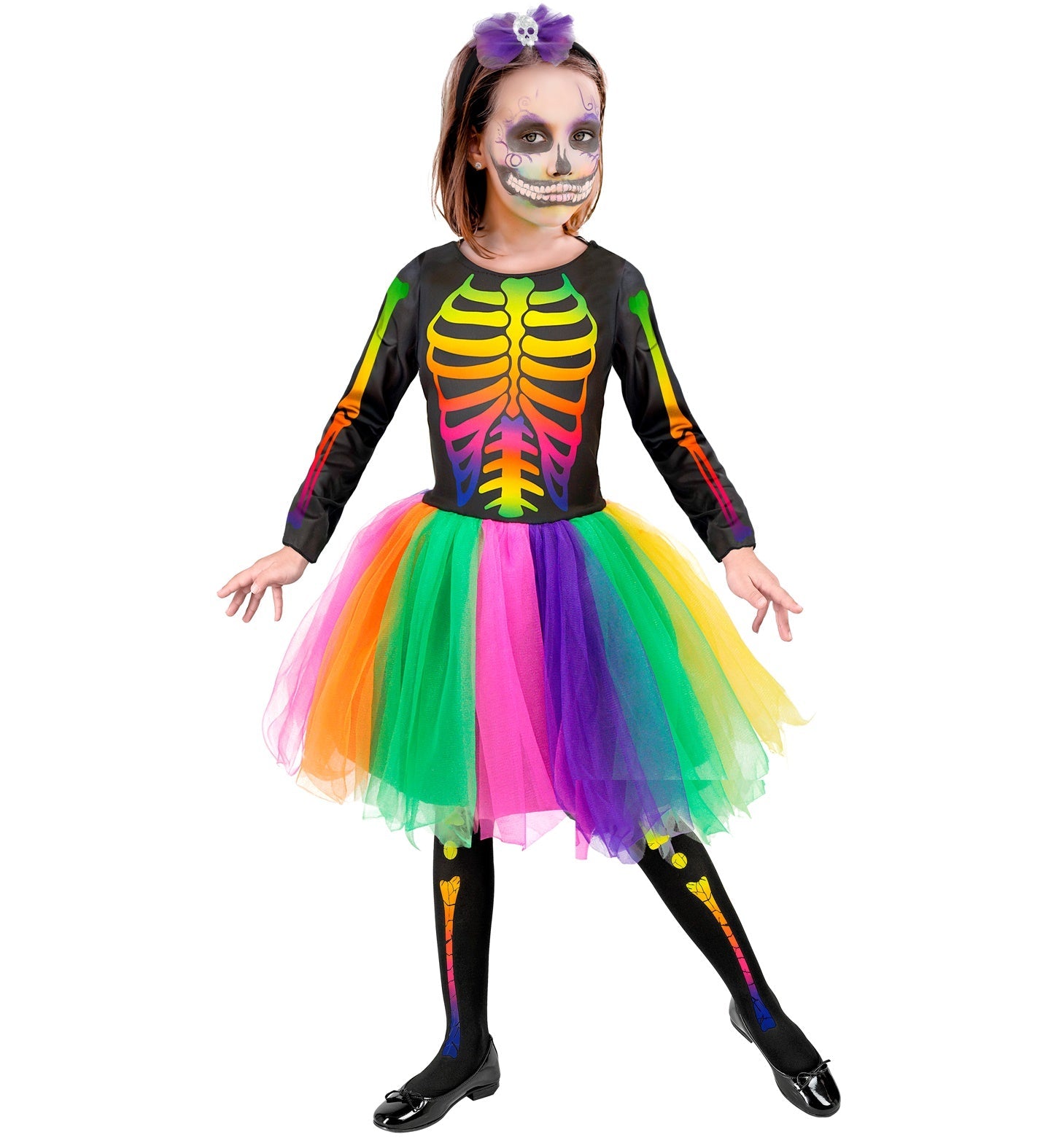 Schwarzes Tutu-Kleid mit Skelett-Muster und Haarreif für Mädchen, ideal für Halloween.