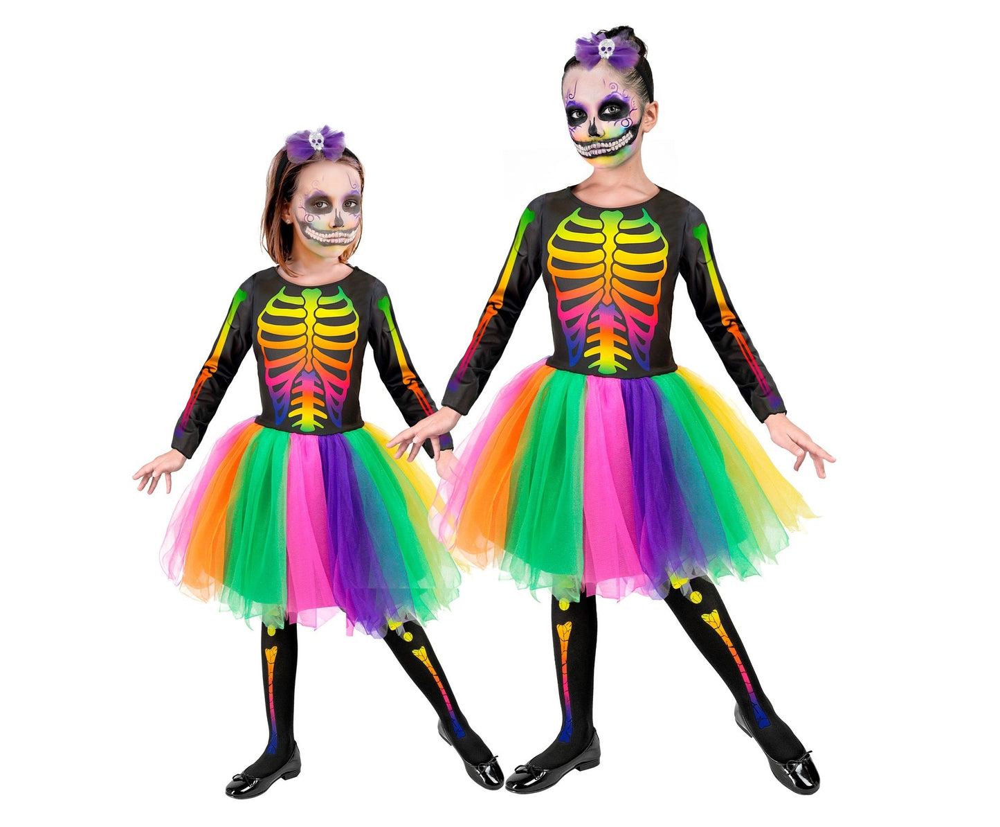 Mädchenkostüm mit weißem Skelett-Tutu, Puffärmeln und Totenkopf-Haarreif