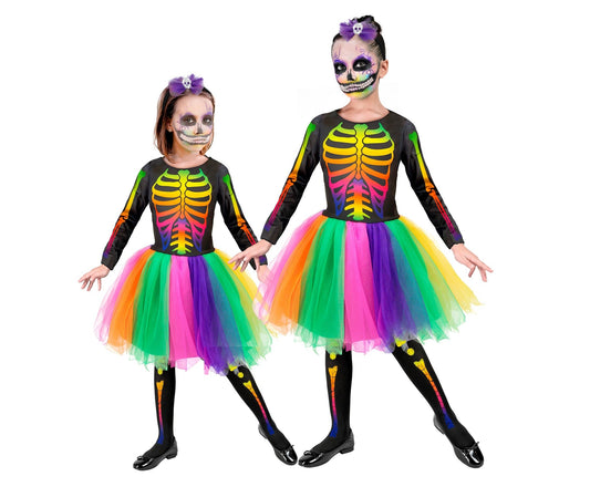 Mädchenkostüm mit weißem Skelett-Tutu, Puffärmeln und Totenkopf-Haarreif
