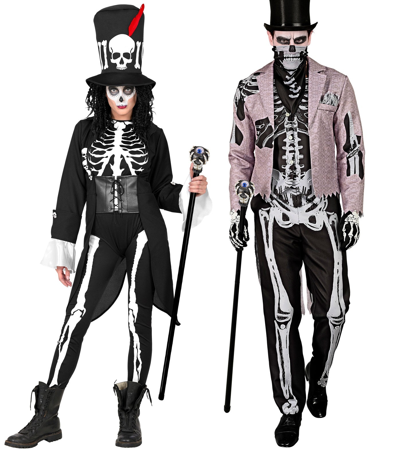 Widmann Gehstock in Knochenoptik mit wackelndem Auge, 110 cm lang, skelettförmig