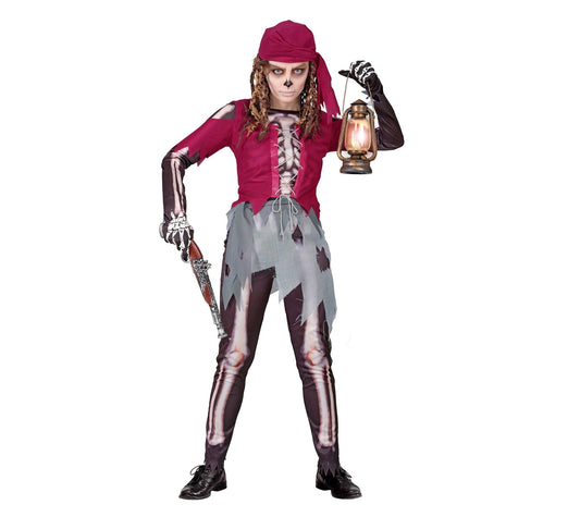 Mädchenkostüm Piratin mit weißem Skelettmuster, Hemd, Korsett, Rock und Kopftuch in Schwarz