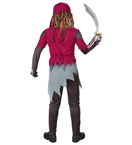 Widmann Skelett Piratenkostüm für Mädchen in Schwarz mit weißen Skelett-Details und Kopftuch.