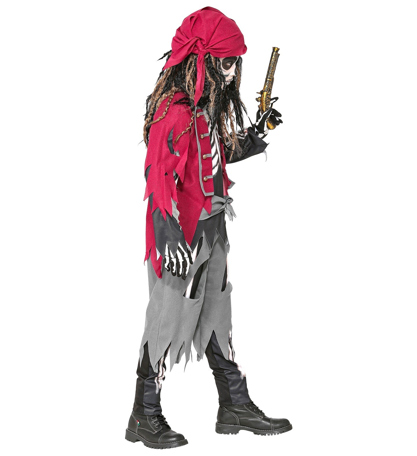 Jungen Skelett-Piratenkostüm mit rotem Bandana, Weste, Hose und Pistole.