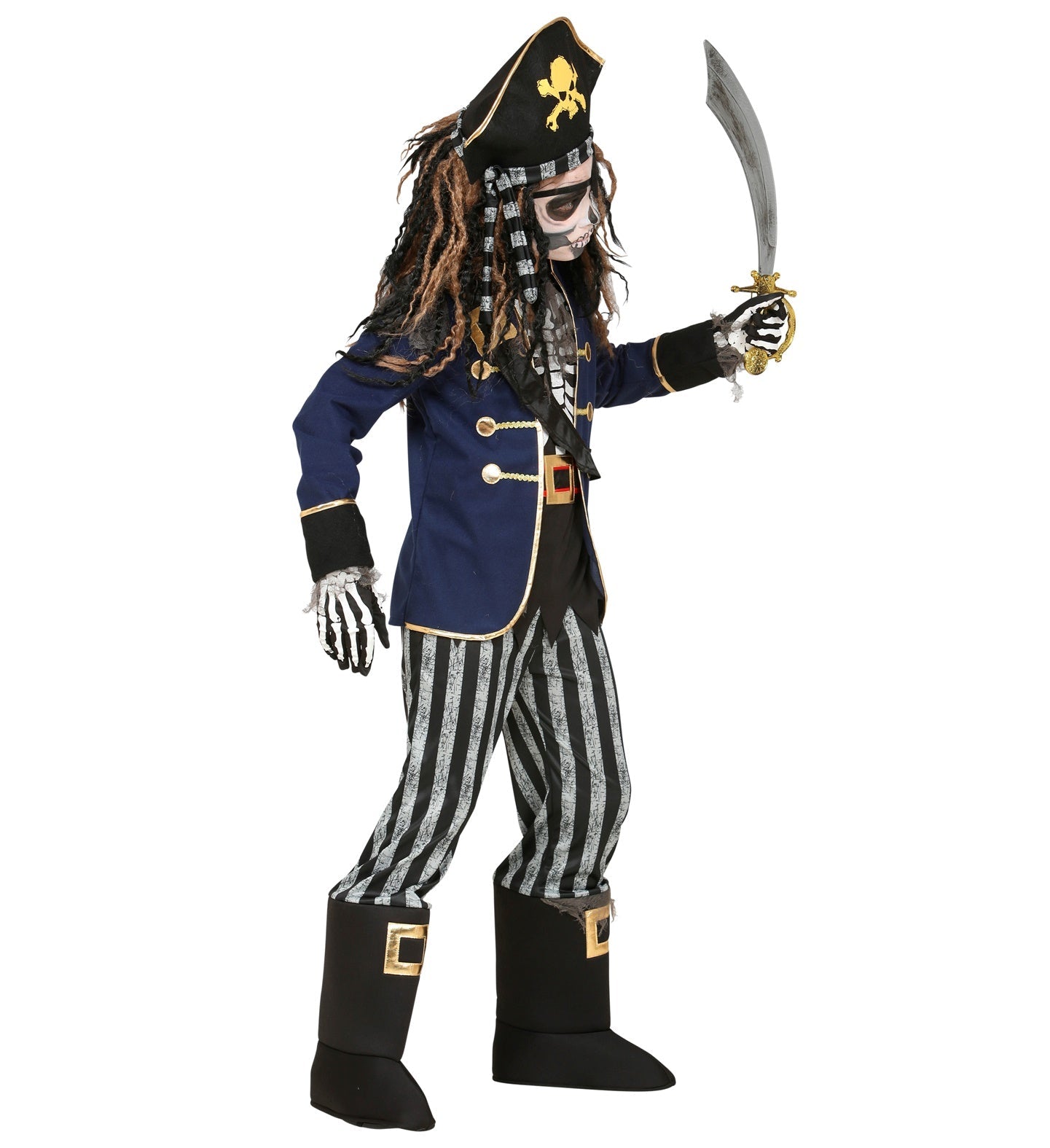 Skelett-Piratenkostüm für Jungen mit Mantel, Hut, Hose und Schwert.