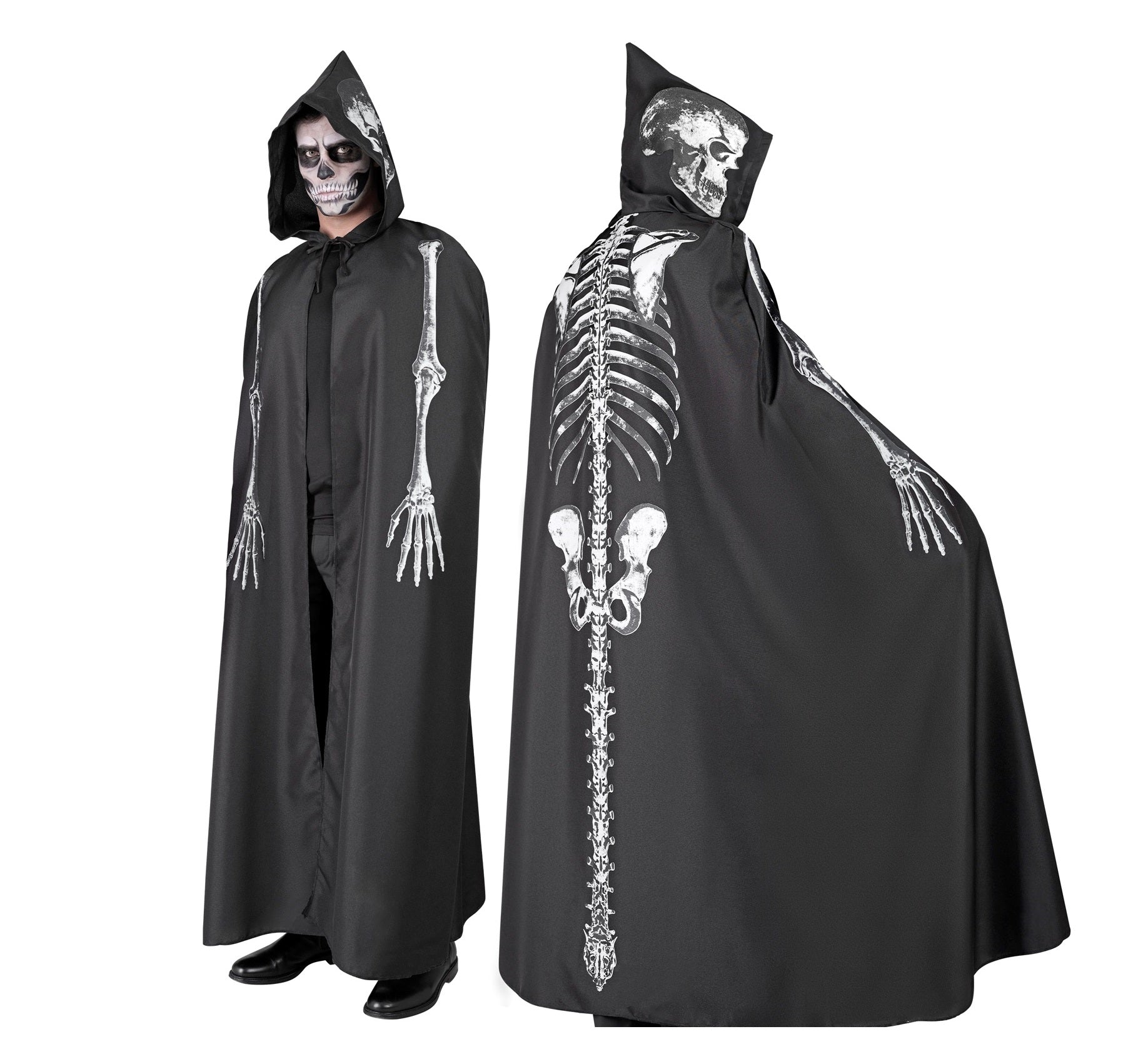 Schwarzer Skelett-Umhang aus Fleece mit Kapuze und bedrucktem Skelett-Muster, 150 cm lang.