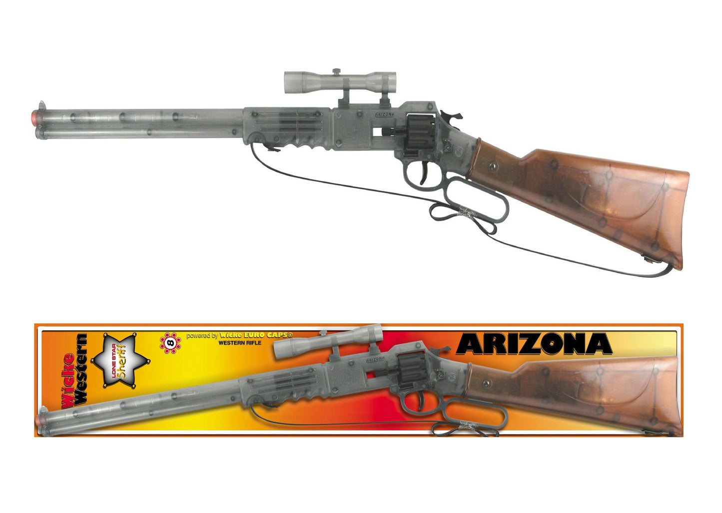 Transparent Spielzeuggewehr in 64 cm mit 8-Schuss-Klickmechanismus und sicherem Design.