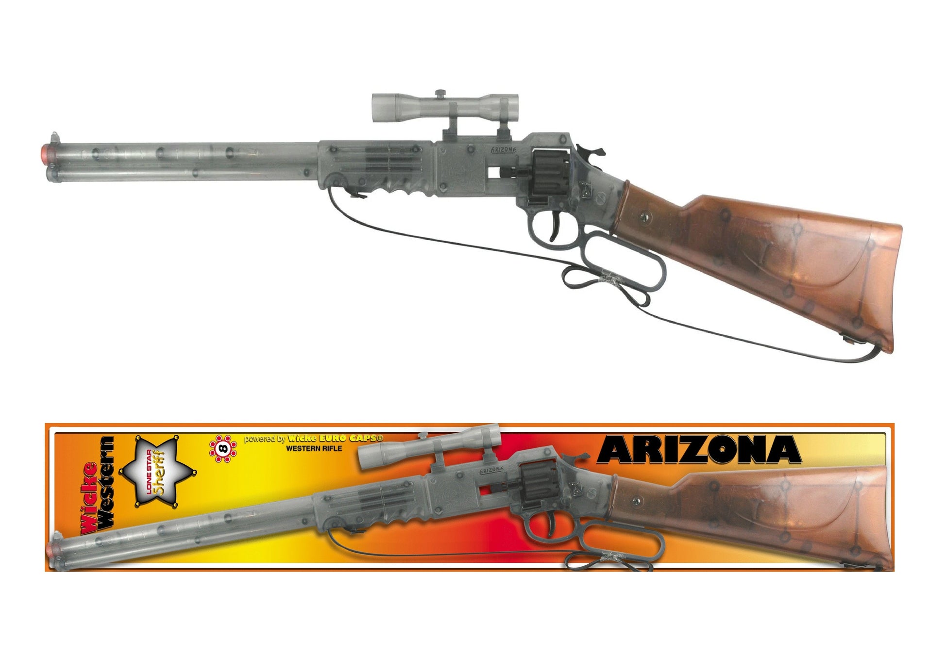 Transparent Spielzeuggewehr in 64 cm mit 8-Schuss-Klickmechanismus und sicherem Design.