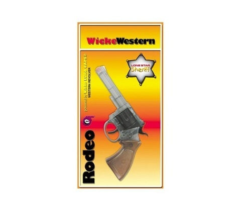 Transparente Widmann Rodeo Spielpistole mit 100 Schuss Kapazität in robustem Kunststoff.