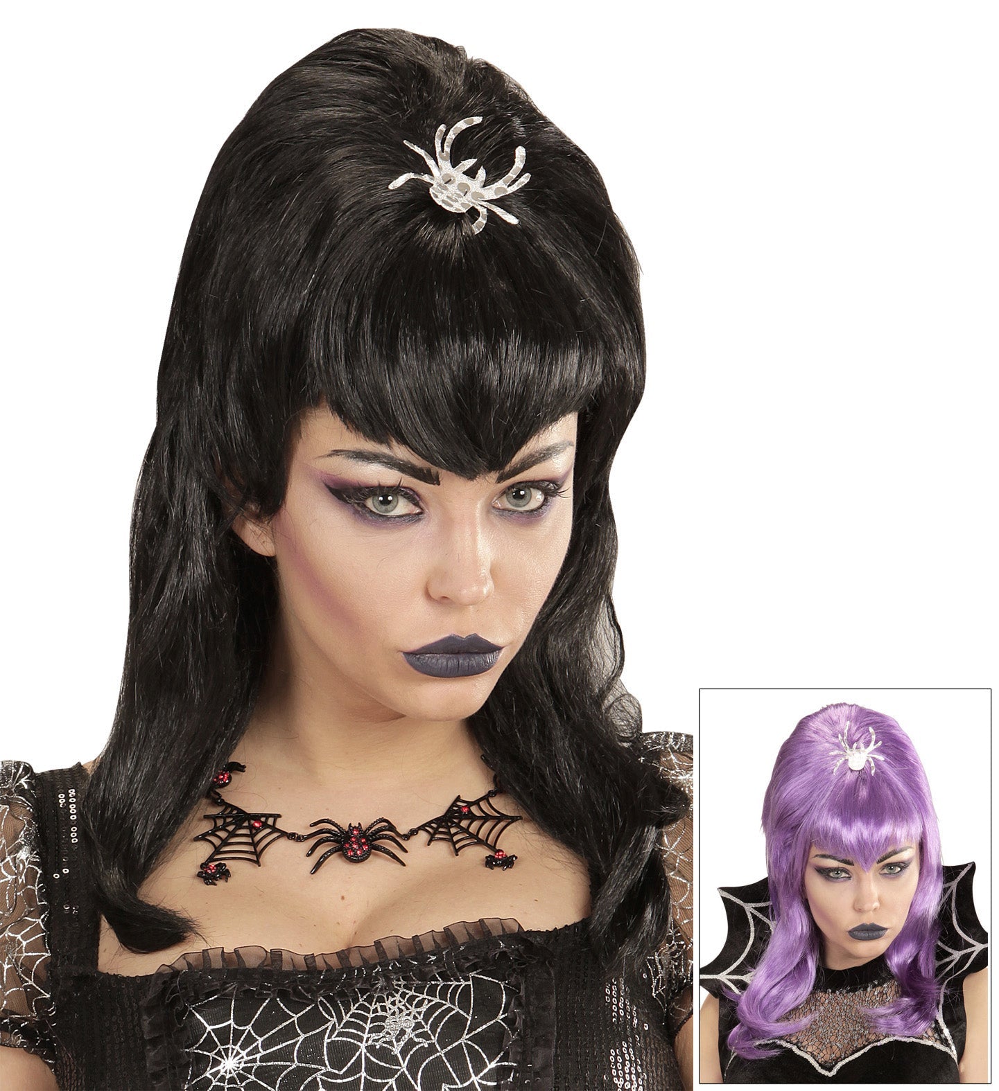 Widmann Spinnen Lady Perücke – Schwarze Halloween Perücke mit Spinne - Fasnacht24.ch