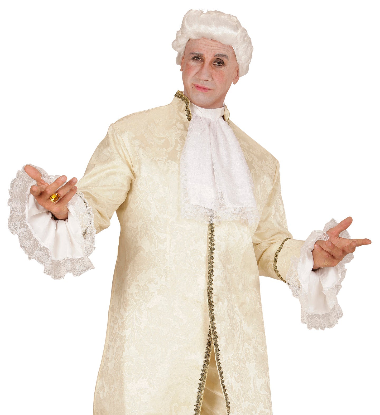 White lace Victorian jabot with matching cuffs, shown on model.