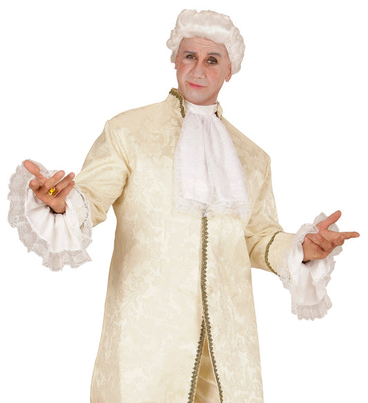 White lace Victorian jabot with matching cuffs, shown on model.