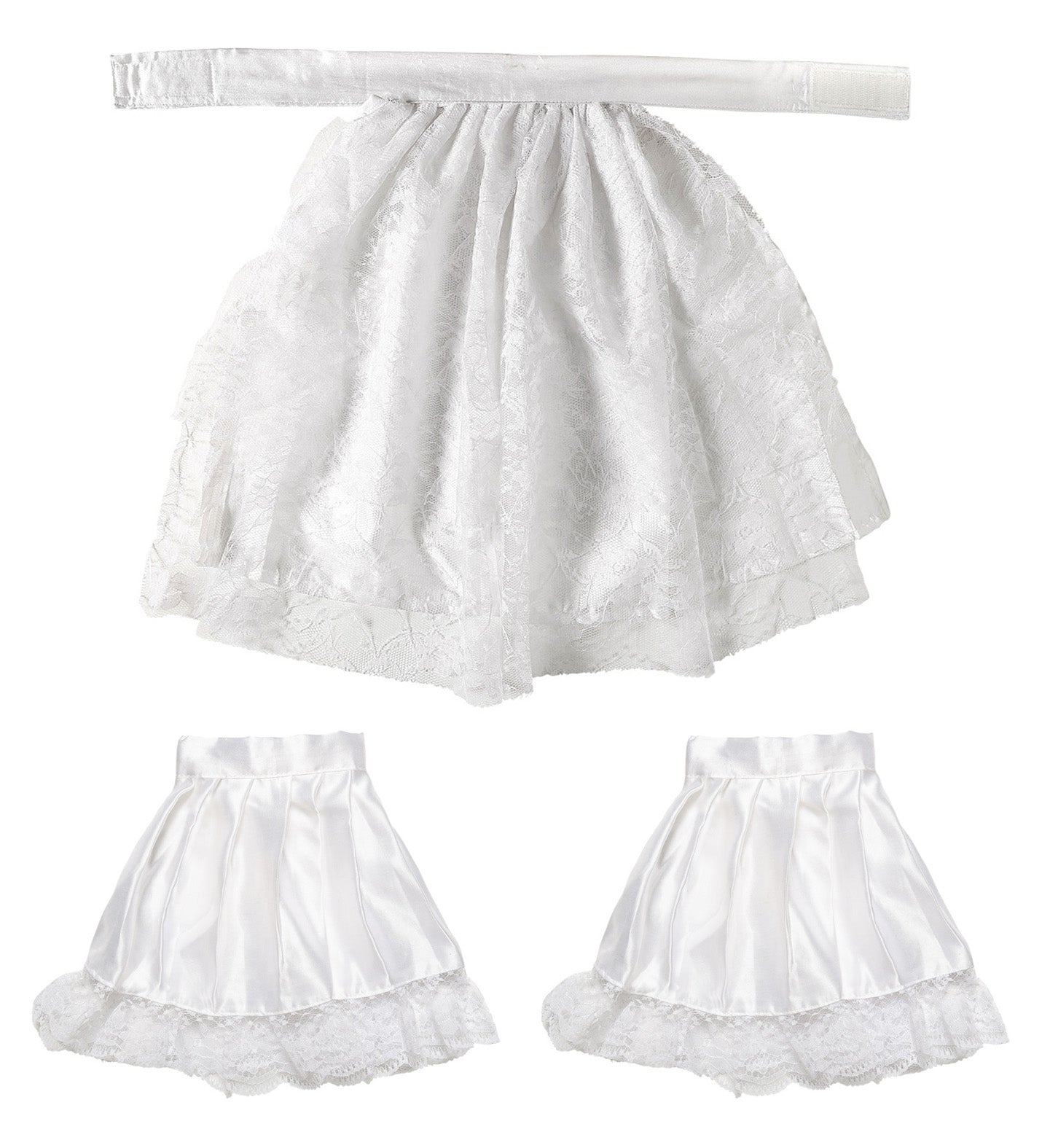 White lace Victorian jabot with matching cuffs and intricate detailing.