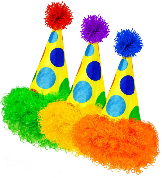 Bunter Clownhut mit bunten, lockigen Kunsthaaren als lustiges Kostümzubehör für Erwachsene