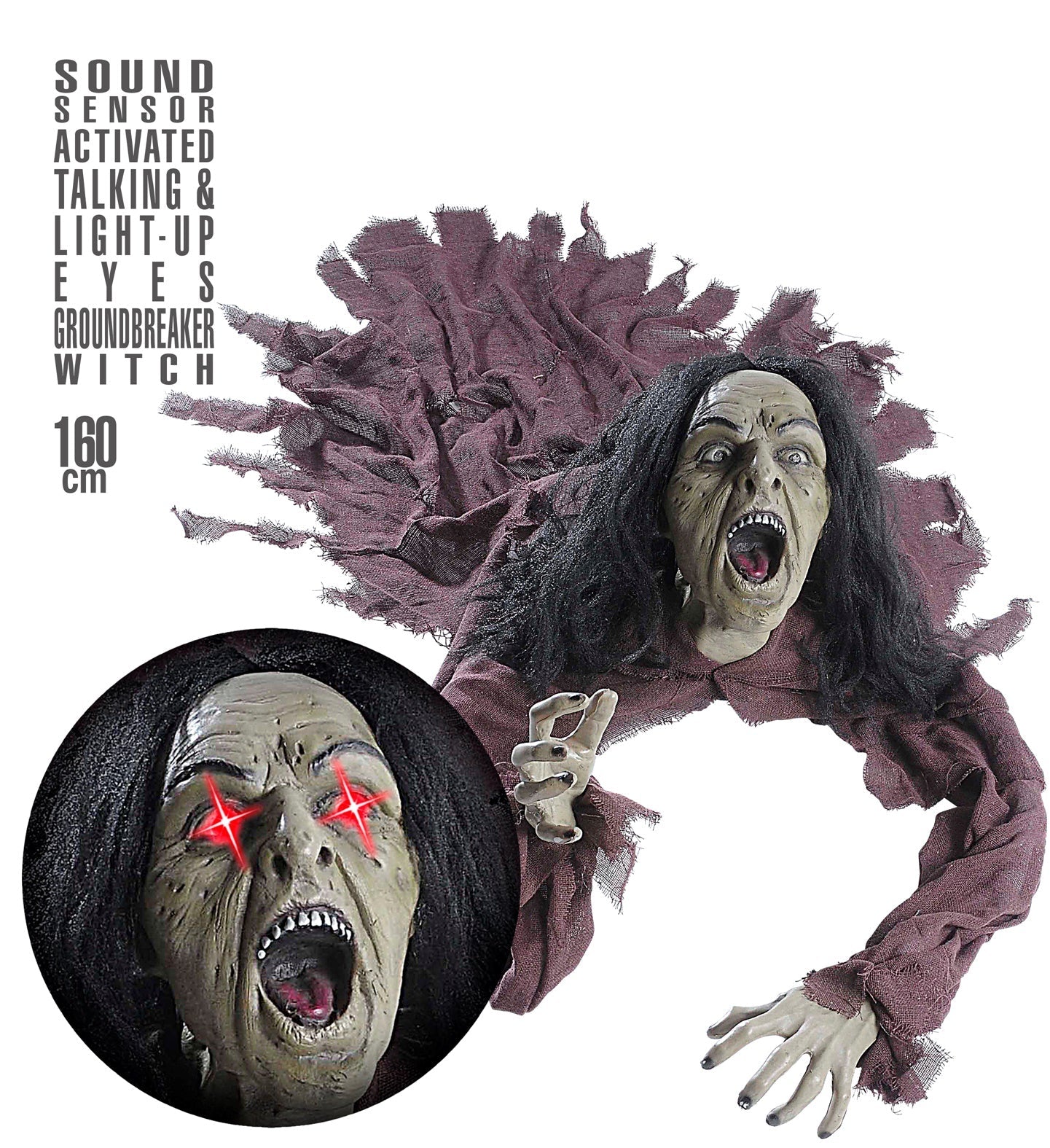 Widmann Bewegliche Halloween Hexe 160cm – Sprechend mit LED Augen - Fasnacht24.ch