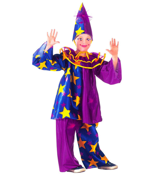 Child in colorful blue and purple star-patterned clown costume with hat, posing with hands raised.
