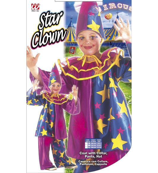 Kids' Star Clown costume set with purple top, pants, and hat.