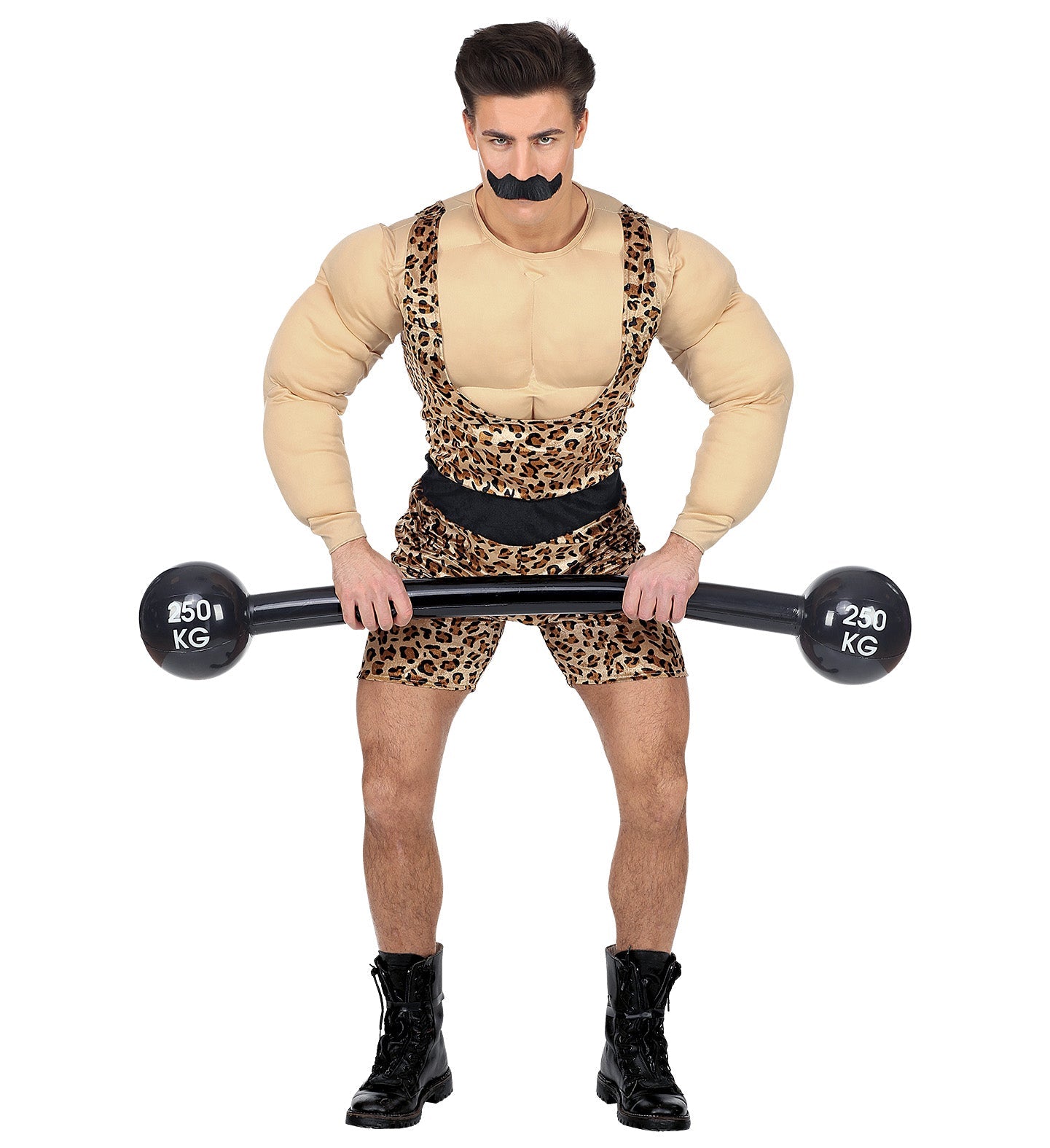 Man in leopard-print strongman costume with muscle shirt, overalls, mustache, and barbell.
