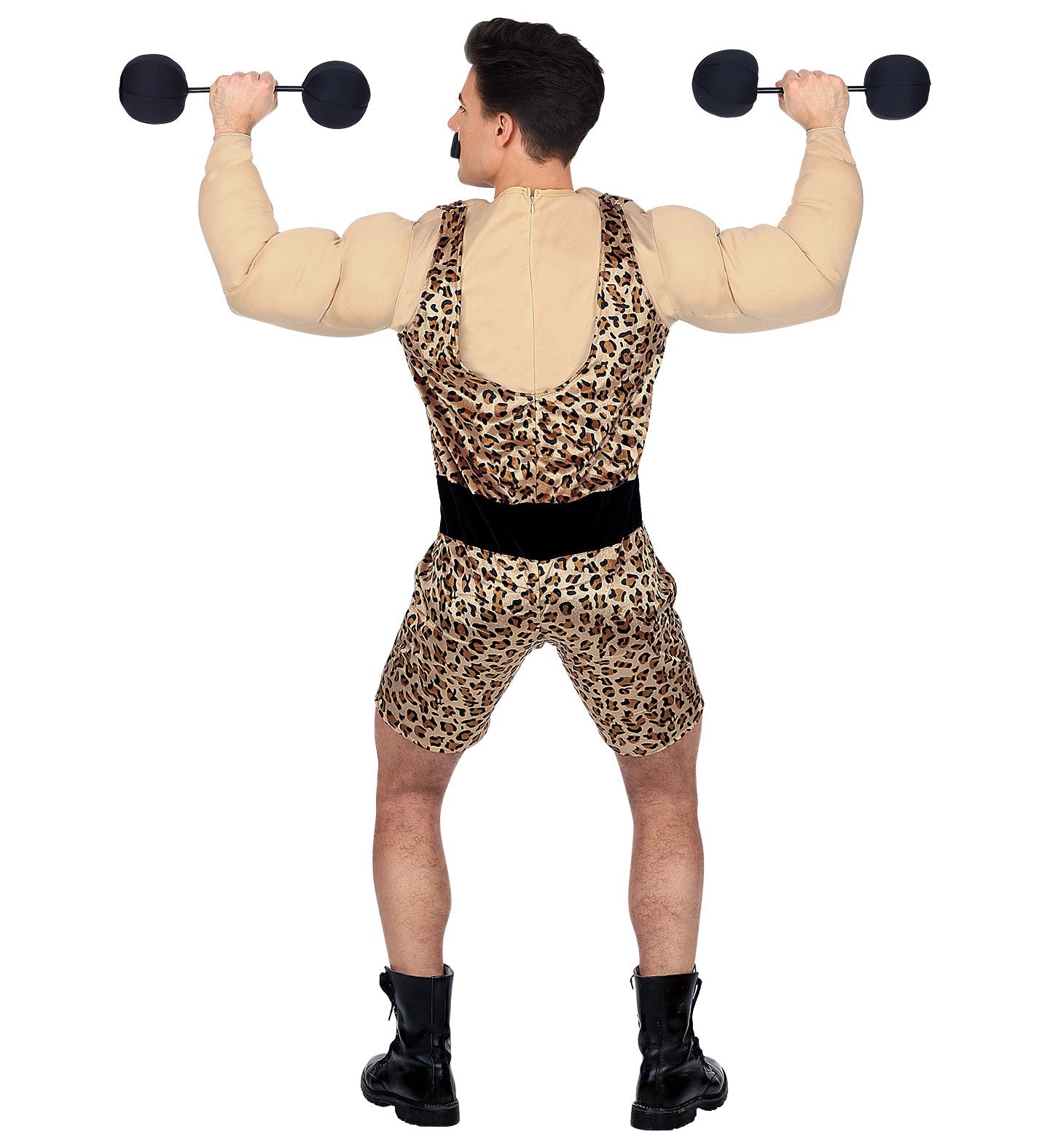 Rear view of man in leopard-print strongman costume lifting barbells, with muscle arms and black boots.