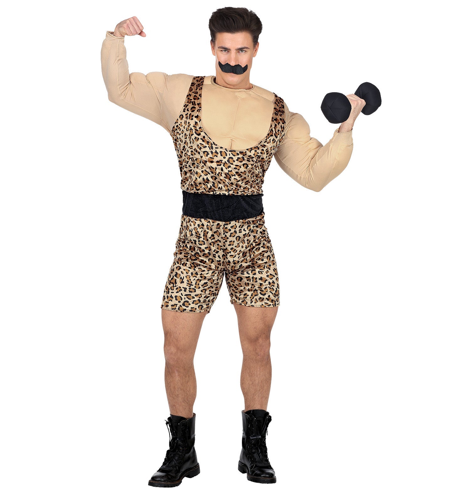Man in leopard-print strongman costume with muscle shirt, belt, mustache, and dumbbells.