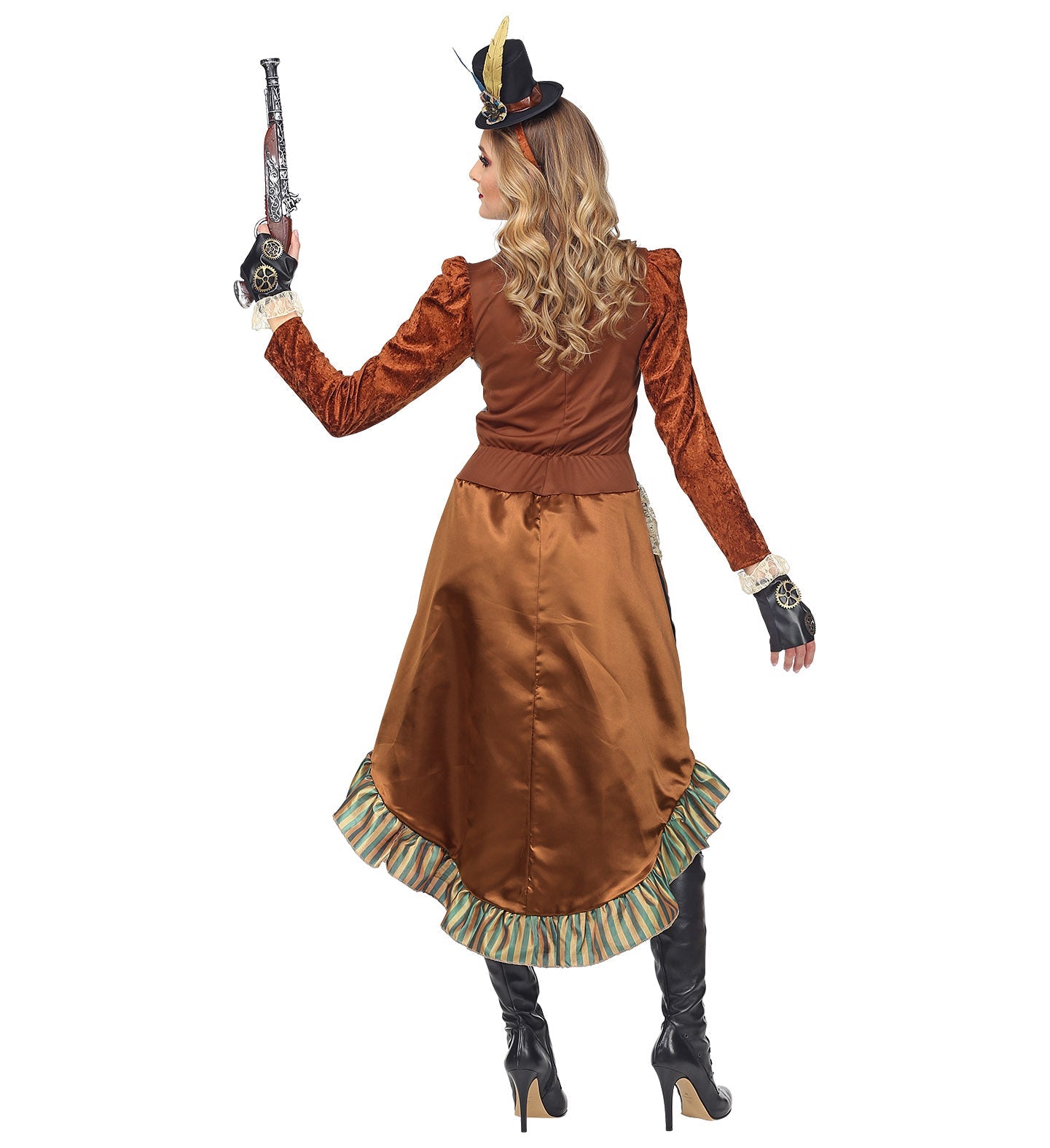 Rear view of woman in brown steampunk dress, holding toy gun, wearing gloves and boots.