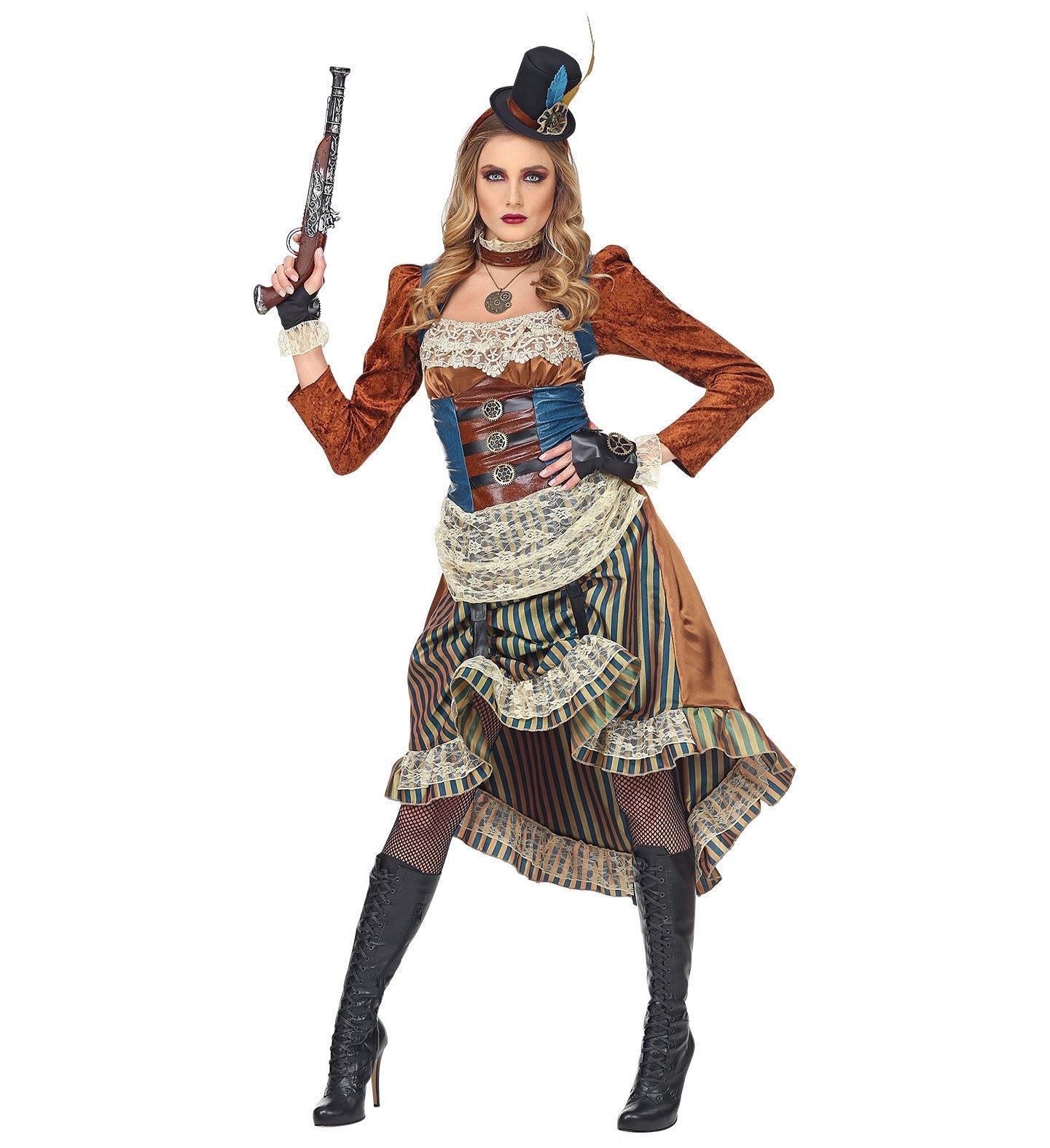 Woman in steampunk lady costume with brown corset dress, blue skirt, choker, gloves, and feathered top hat holding a toy gun.