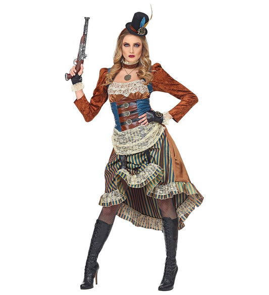 Woman in steampunk lady costume with brown corset dress, blue skirt, choker, gloves, and feathered top hat holding a toy gun.