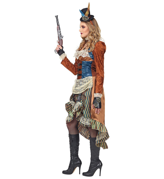 Woman in steampunk lady costume with dress, choker, gloves, and mini top hat, holding a toy gun.