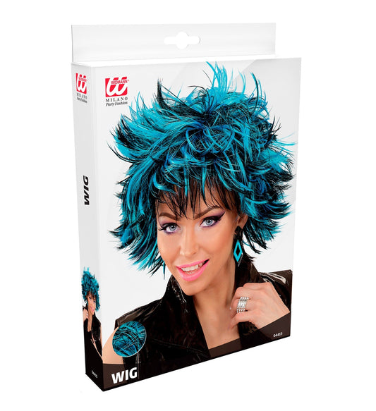 Black and blue synthetic disco wig for women on Widmann packaging.