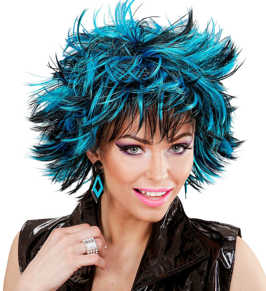 Woman wearing a black and blue synthetic disco wig with layered, voluminous style.